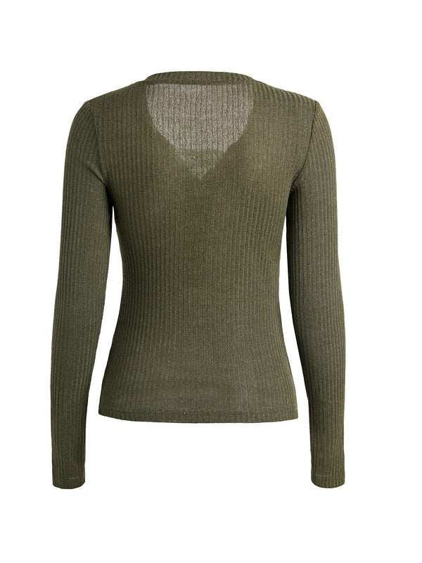 Lace Paneled Button Long Sleeve Knit Top