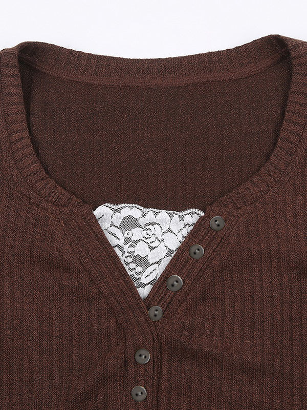 Lace Paneled Button Long Sleeve Knit Top