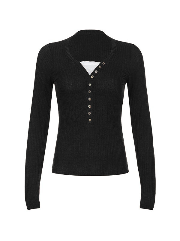Lace Paneled Button Long Sleeve Knit Top